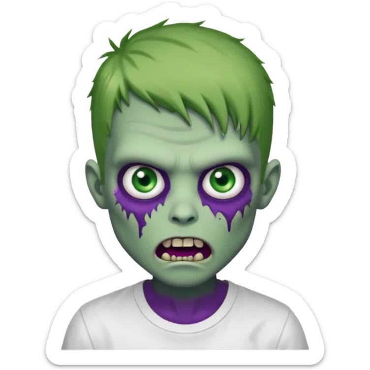 zombie boy with outgrown hair and wearing a white shirt with green prominent eyes and an evil mouth either open, purple skin sticker