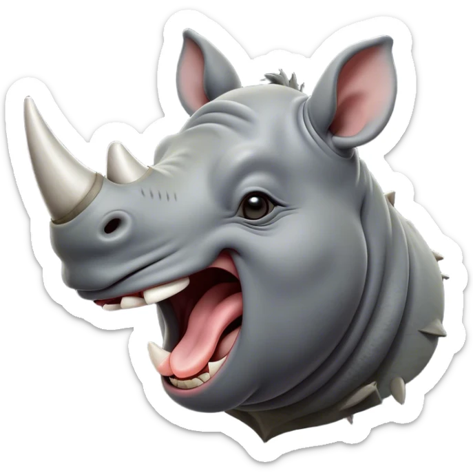 Cinematic Cute Yawning Rhinoceros Portrait Emoji, Head tilted slightly with a dramatic, wide-open yawn, showcasing a soft, textured slate-gray hide with a slightly drooping horn and eyes barely open in drowsy contentment, Simplified yet irresistibly adorable features, highly detailed, glowing with a soft, cozy glow, high shine, relaxed yet expressive, stylized with a touch of rugged whimsy, bright and endearing, soft glowing outline, capturing the essence of a sleepy yet affectionate rhinoceros, so drowsy it feels like it could stretch out of the screen and curl up for a nap! sticker