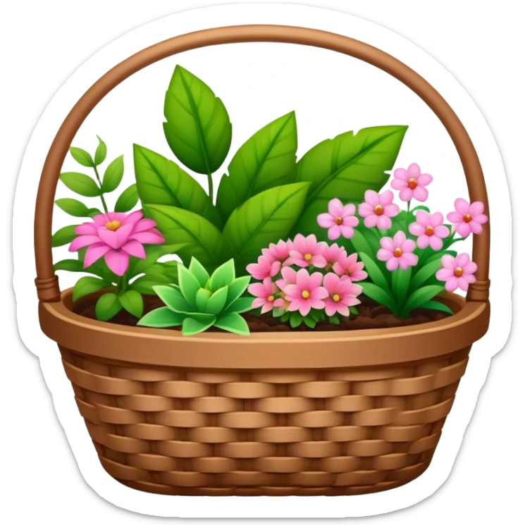 A brown basket of different types of plants with some pink aesthetic motives on the basket in an ios 18 emoji  sticker