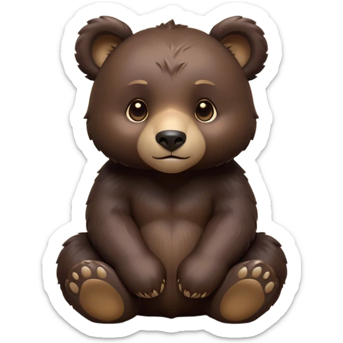 Cinematic Noble bear cub Portrait Emoji, Poised and regal, with a large, imposing build and a thick, well-groomed rich dark brown fur, deep-set soulful eyes, Simplified yet sharp and sophisticated features, highly detailed, glowing with a soft, dignified glow, high shine, intelligent and formidable, stylized with an air of wild majesty, focused and attentive, soft glowing outline, capturing the essence of a watchful and commanding guardian, so majestic it feels as though it could lumber out of the screen with effortless authority! sticker