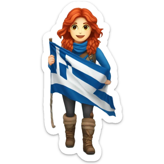 Greek Female winter mountaineer red hair white skin climbing with Greek Flag and Easter eggs basket sticker