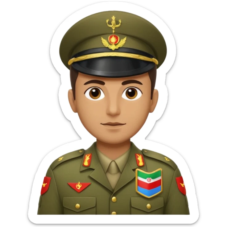 Portrait of an Iranian soldier with an Iranian flag chevron on his shoulder and chest sticker
