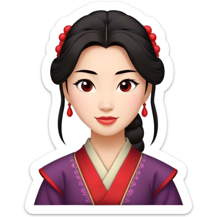 Cinematic Radiant Mulan Portrait Emoji, rendered in a realistic, vector-style with clean proportions. Show Mulan with a soft, confident smile, warm skin, and expressive eyes, her dark hair styled simply, and dressed in traditional clothing with understated red accents. The image radiates a gentle, luminous glow and high shine, accentuated by a soft glowing outline. sticker