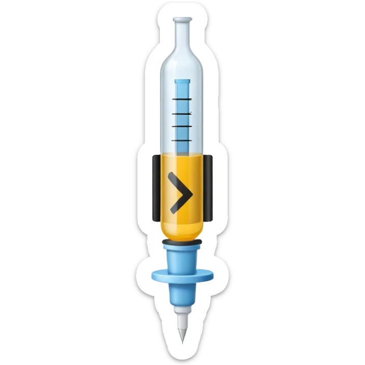 Minimalist emoji-style sticker of a medical syringe with a black tape X across it. Symbol of silence. Desaturated tones.
 sticker
