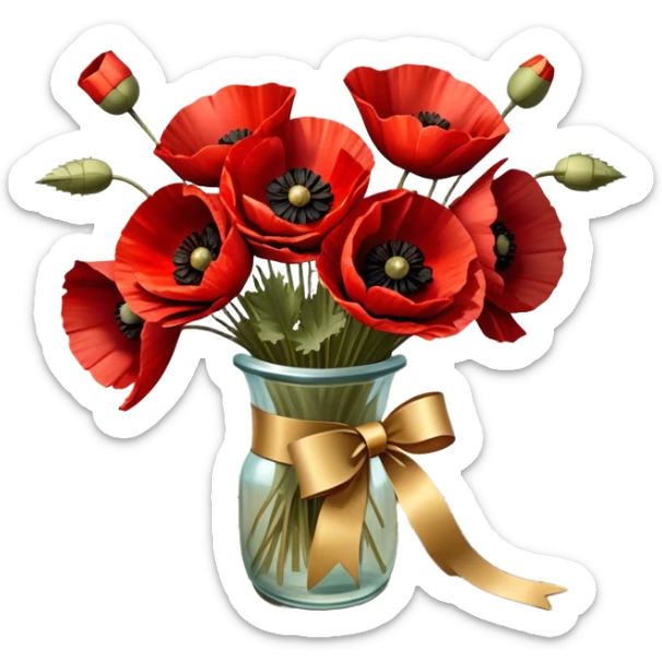 A lush bouquet of deep red poppies tied with a faded gold ribbon, resting on an antique wooden table. Warm brown leaves and golden sunlight add a vintage charm. sticker