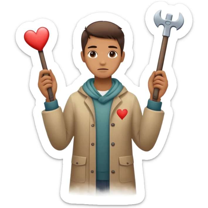 The image shows a person across a fog, emotional tones. In their hands, they carry 2 symbolic tools labeled “Compassion” and “Forgiveness,” suggesting healing after emotional pain-- hearts sticker