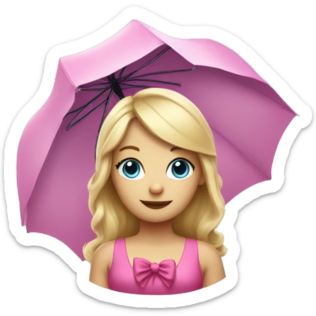Blond haired lady with an pink umbrella and a Blue dress with a pink bow Tie around her middle sticker