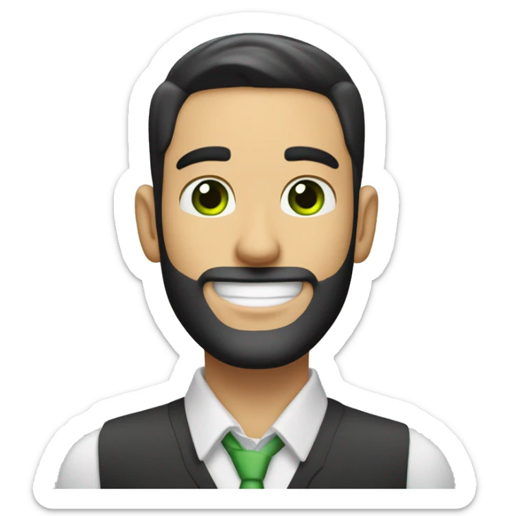 Create an emoji of a handsome white man with a suit, black hair in a crew cut, and green eyes. He has a 3-day stubble beard and is smiling happily. The overall expression should be friendly and confident. sticker