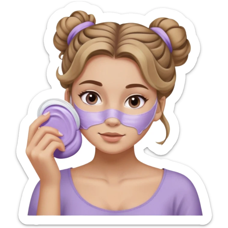 girl with wavy dark blonde hair messy bun applying lilac skincare mask on face sticker