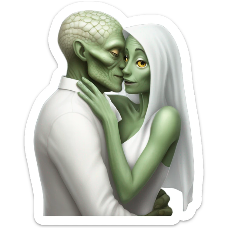 Alien reptilian woman in white dress hugs and kissing "white male human man" sticker