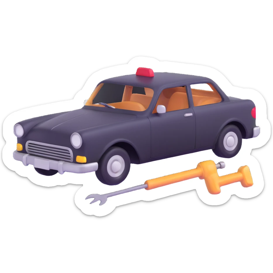 icon of a car with a visible dent from a crash and dent repair tools like a lever and small hammer sticker