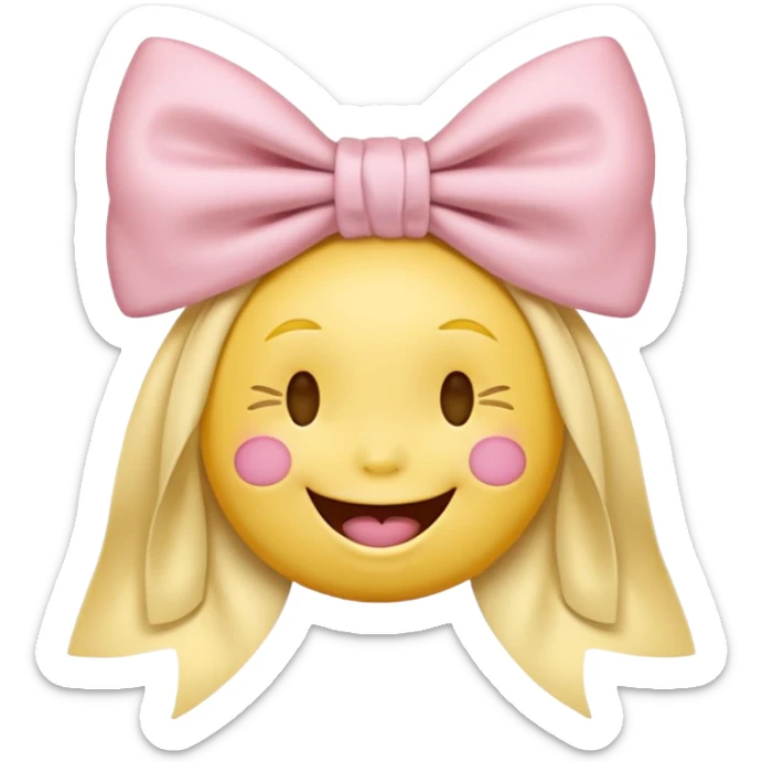 classic yellow laughing emoji with a very pretty pale pale pink bow no nose and closed eyes sticker