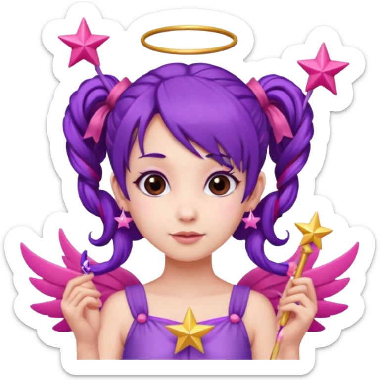 Create an emoji of a fairy-like woman with purple hair tied into two pigtails, red stars in her hair, wearing a pink outfit and pink wings. She is holding a pink star-shaped wand and wearing purple circular earrings. sticker