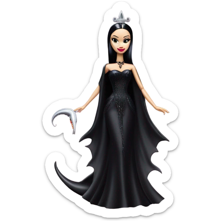 Victorian evening dressed, Teen Morticia Addams Barbie Jedi wearing a mini tiara, riding on the back of a very large black shiny evil-looking fire-spewing horned dragon sticker