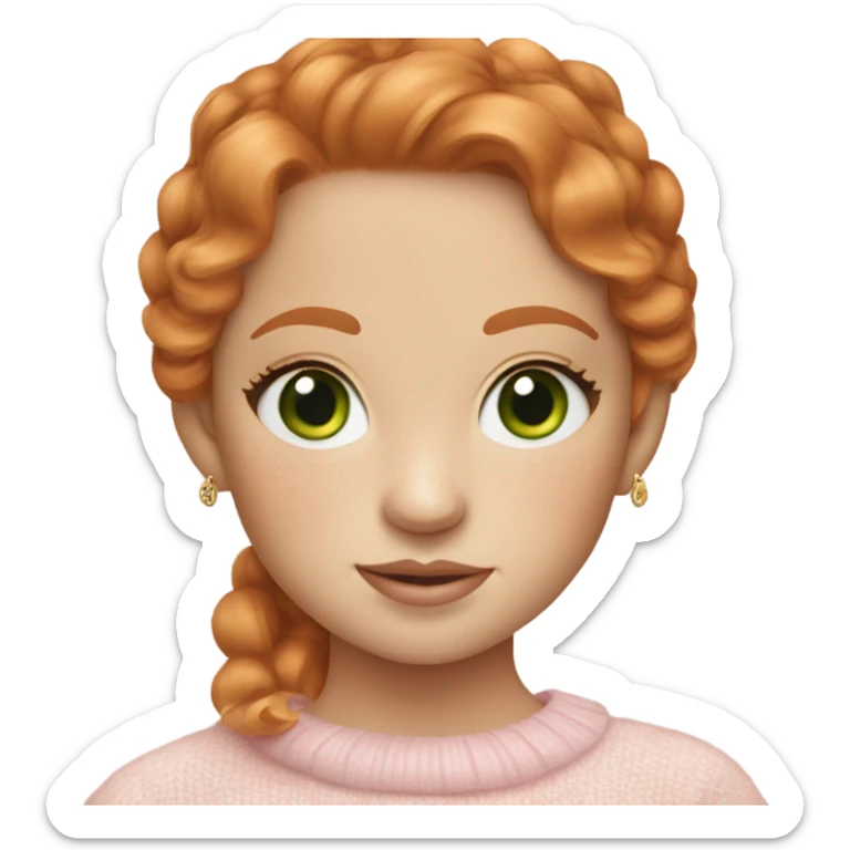 please make a ginger girl with freckles and green eyes with long eyelashes, wearing gold designer earrings and a ralph lauren jumper in baby pink  sticker