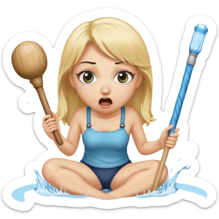blond woman sitting on her knees with wide eyes, holding a wide skin-colored stick with a D-shaped knob, the stick and the nob have skin texture, water squirting from the knob into her mouth, shocked face, the knob is coming out of pants hanging next to her sticker