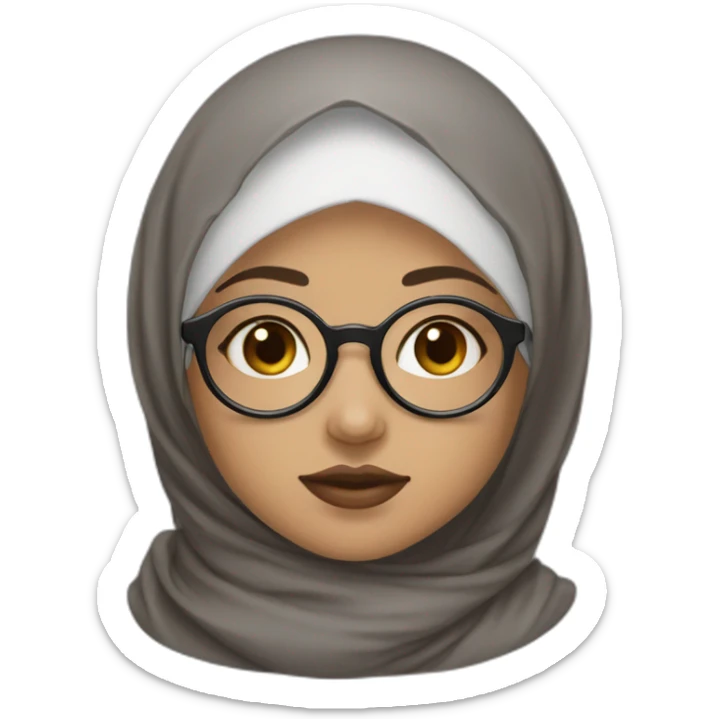 Hijab black color white fair skin girl brown eyes wearing round circular metal glasses, no make up, small lips,big cheeks, almond eyes, triangle nose sticker
