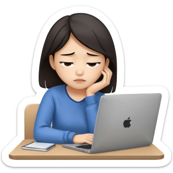 Create an emoji of a tired girl of Asian descent, sitting at a laptop, looking exhausted and frustrated. They have slouched posture, representing overwork and burnout. sticker