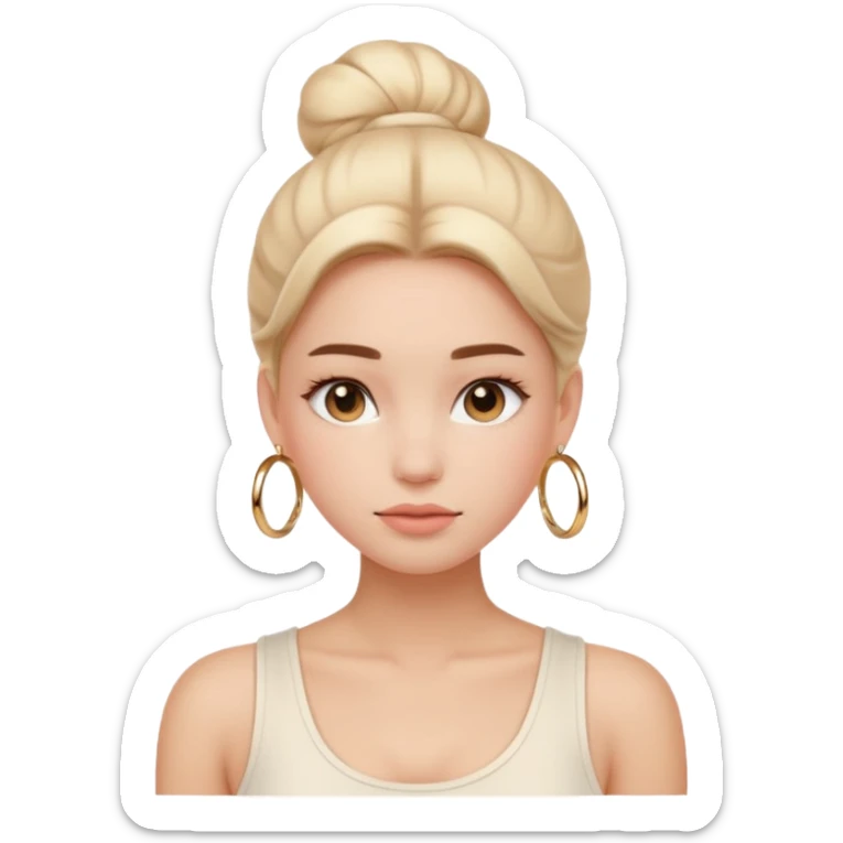 “Emoji girl, flawless skin, light peach blush, natural fluffy brows, glossy nude lips, sleek low bun, small gold hoops, minimalist white tank top.” sticker