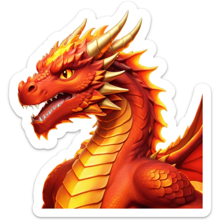 cinematic-noble-fierce-fire-dragon-portrait-emoji,-poised-and-imposing,-with-a-muscular,-scaled-body-ablaze-in-fiery-hues-of-crimson,-molten-orange,-and-molten-gold,-and-intense,-burning-eyes-that-mirror-the-heart-of-a-volcano;-rendered in detail sticker