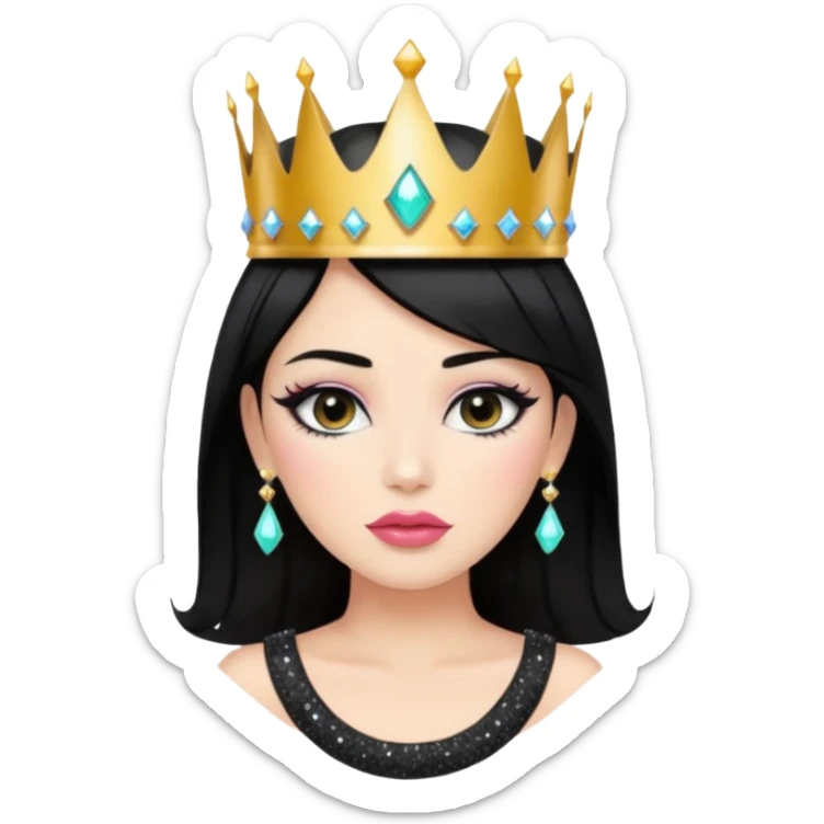Chica con pelo negro y labios gruesos maquillada hermosa con una corona de brillos y un top negro moderno  sticker