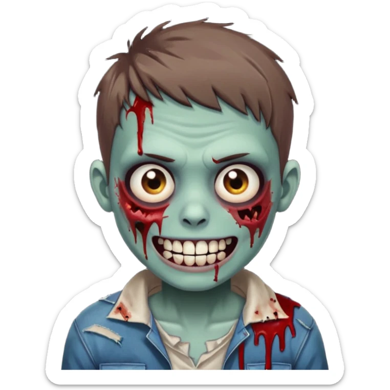 zombie boy with brown short hair, white skin, and white eyes; an open smile, and bloodied teeth; sticker