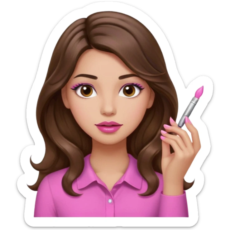 girl with long wavy brown hair, brown eyes, light to medium complexion, in a pink shirt, pink lips, long lashes, puckered lips,  painting long nails sticker