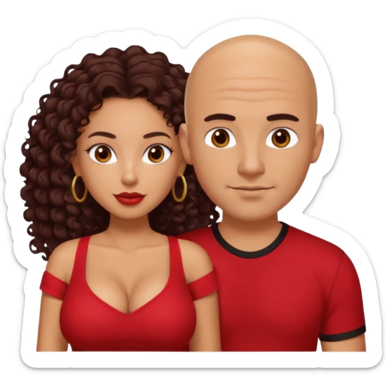 A picture of a sexy tanned couple. the guy is Mexican, with a bald hair cut and a red shirt. the girl is mixed, she has curly longer dark brown hair, and with big boobs and wearing black shirt  sticker