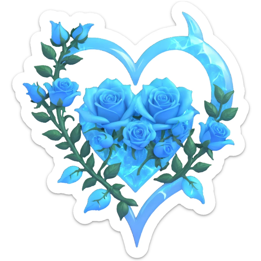 gothic heart made of frosted glass, silver crescent moon, glowing icy blue roses, holographic stardust, neon cyan lightning, drenched and splintered glass sticker