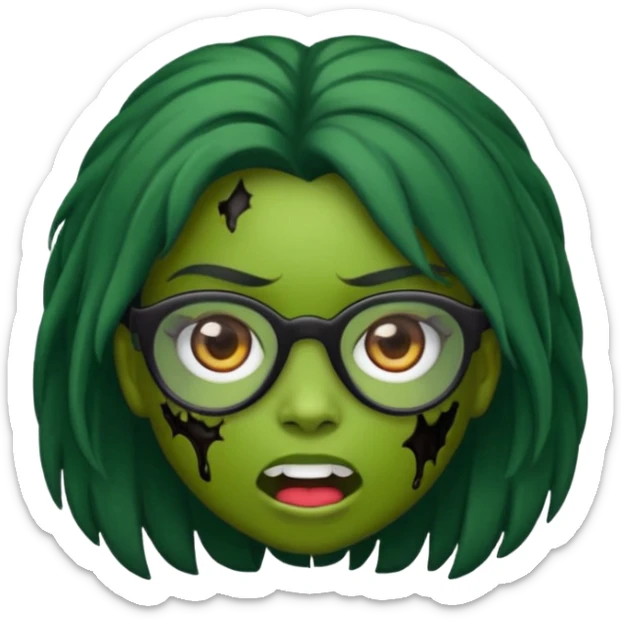 crie um emoji de zumbi feminino, com pele verde, óculos preto e cabelo longo preto sticker