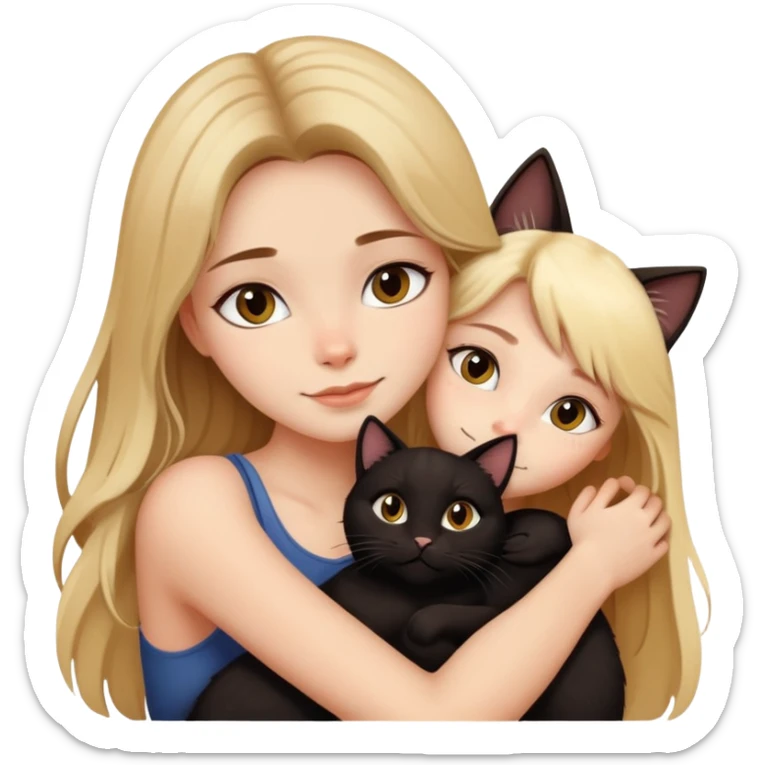 pretty girl with brown long hair hugging a black cat and a blonde cat sticker