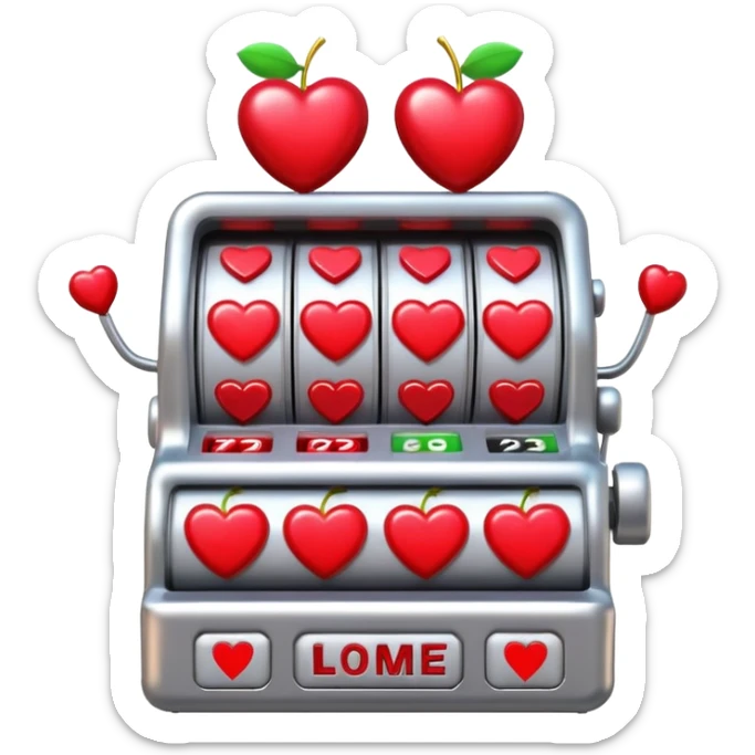 A 3D cartoon slot machine showing hearts and cherries, shiny metallic finish, Memoji-style realism. sticker