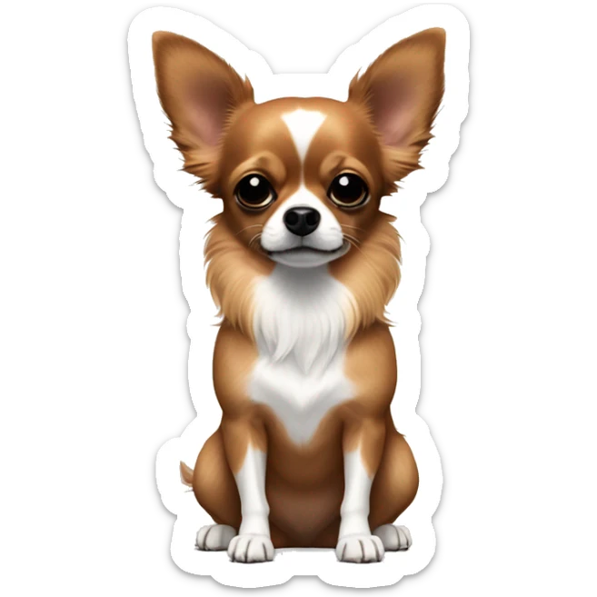 brownish red long hair chihuahua with a black patch of fur around nose and black nose and white patches sticker