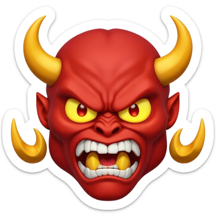 Muscular red demon emoji, 3D cartoon style, angry face, glowing eyes, unique horns. sticker