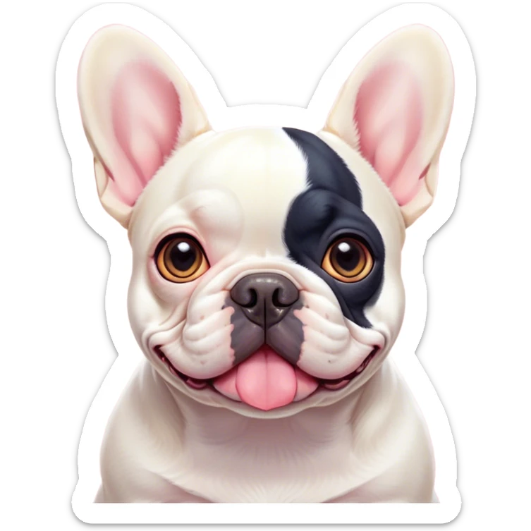 Cinematic Cute Pied French Bulldog Portrait Emoji, Head tilted with a sweet, mischievous grin and large, inviting eyes, featuring a unique pied fur of contrasting colors, simplified yet irresistibly endearing, highly detailed, glowing with a warm, playful radiance, high shine, exuding a quirky charm and affectionate personality, styled with a soft, lighthearted outline, capturing the essence of a cute Pied French Bulldog that looks ready to charm its way into your heart! sticker