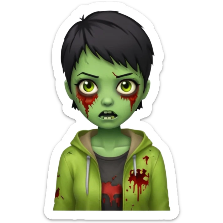 Zombie girl with black short hair in zombie green sticker
