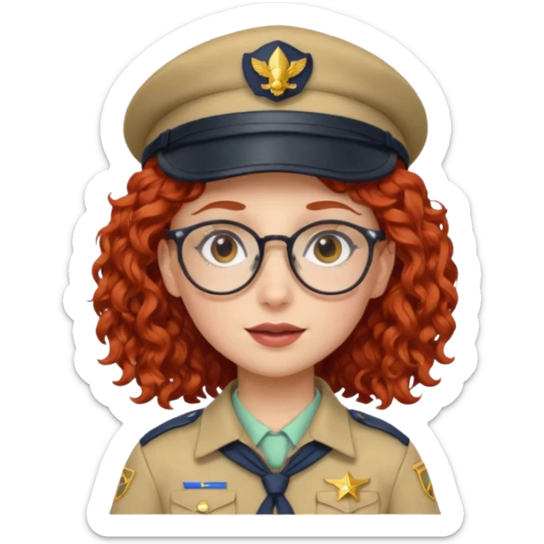 scout girl with red curly hair and uniform and hat and glassess sticker