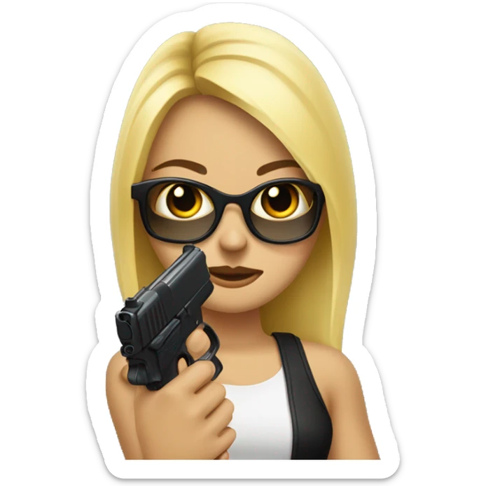 chica rubia con gafas y una pistola negra en la mano sticker