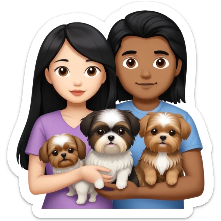 A beautiful Asian girl with long black hair is holding a Yorkshire Terrier. She is standing next to her brown skinned boyfriend, who is holding a Shih Tzu. They are each holding one dog each sticker