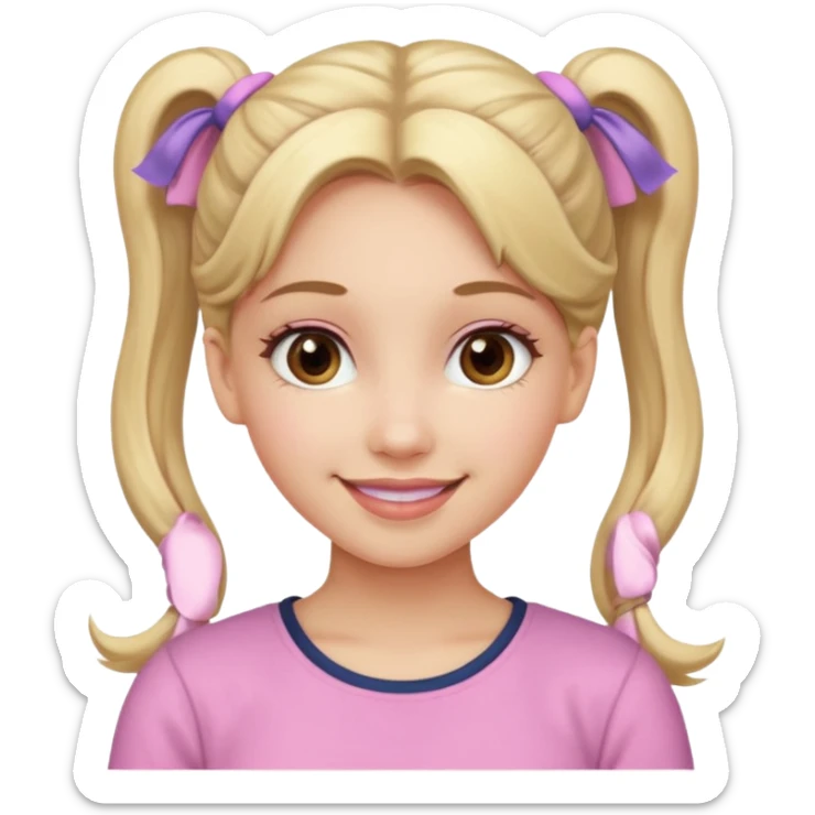 a cute woman is smiling, her hair is long, blonde and two ponytails, her eyes color are brown and the color of her lip is soft pink sticker