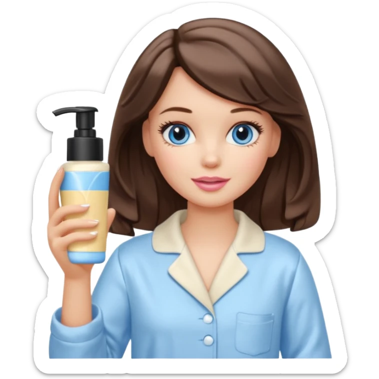Barbie girl with makeup, blue eyes , and bob long haircut wavy, short brown hair in creamy color pajamas, face cream in hand sticker