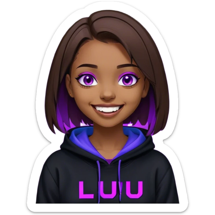 brown haired girl with a bob and blue eyes wearing black hoody with violet letters "Lu", laughs. Cyberpunk style. Violet neon. sticker
