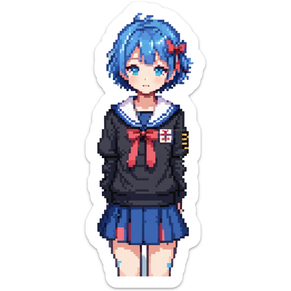 Pixel art anime girl with short bright blue hair wearing Japanese sailor style school uniform, standing with hand on hip but shyly glancing down with a small blush, small timid wave, very shy sticker
