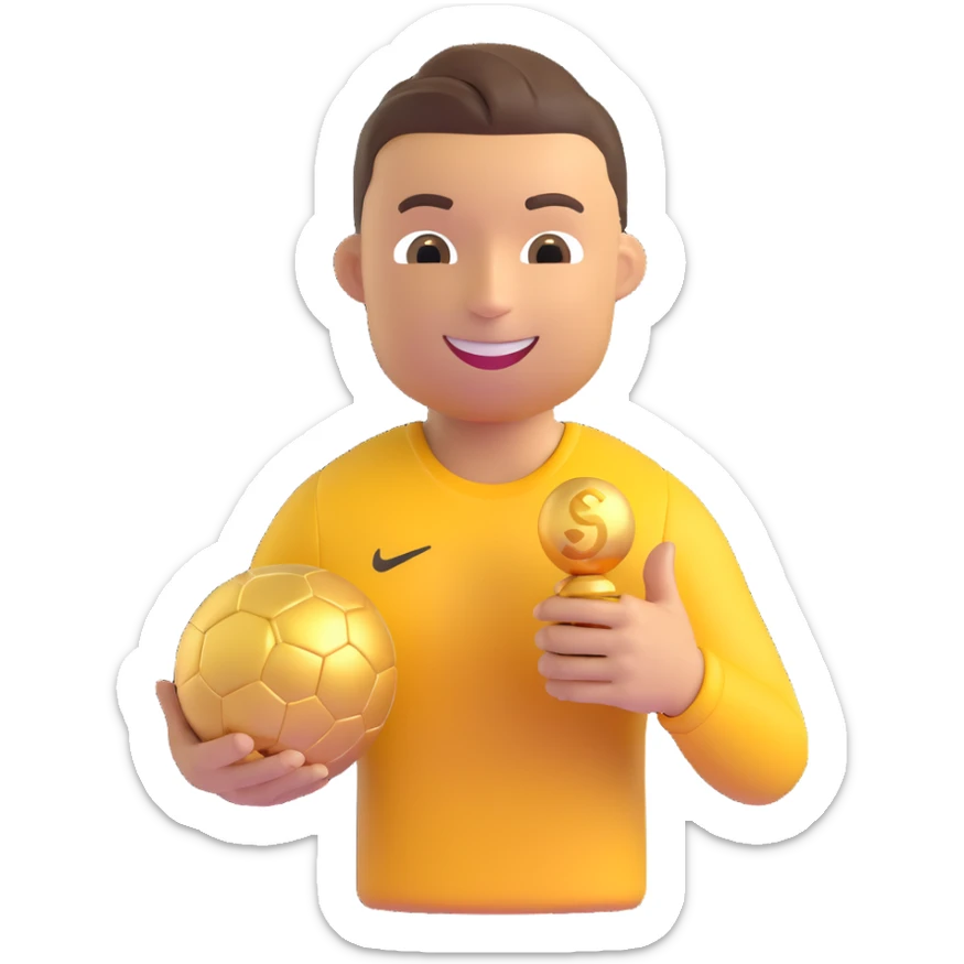 Christiano Ronaldo as a 3D emoji, smiling, holding a golden ball, simple background sticker