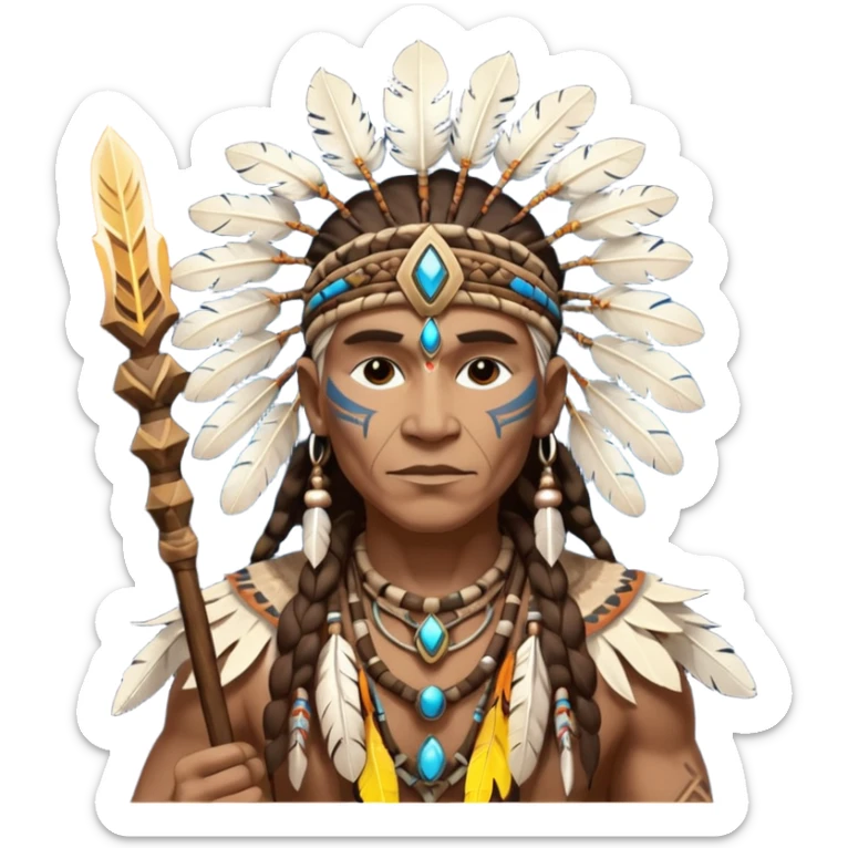 Tribal shaman silhouette with staff and feathers, spiritual aura, sacred geometry glow behind, powerful stance sticker