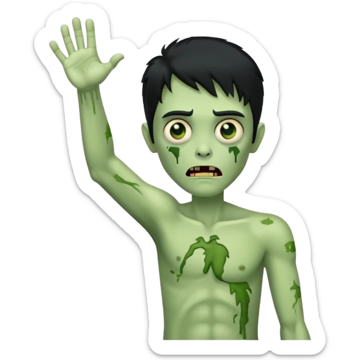 green zombie with one hand raised in the air and black hair sticker