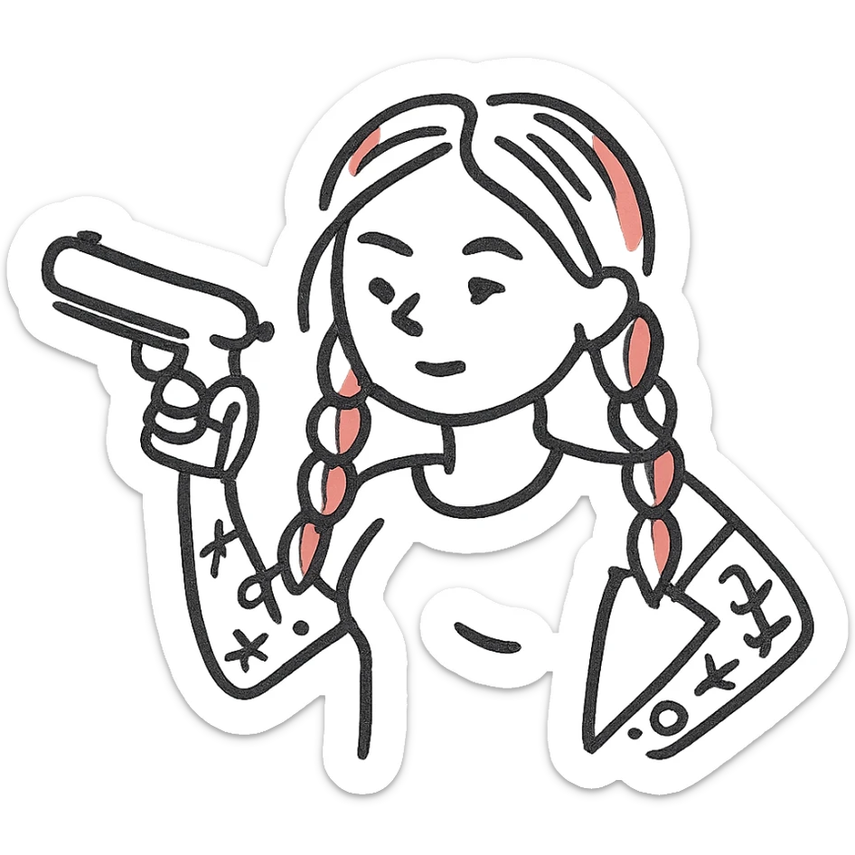 A character with red and white braided hair, tattoos on her arms, holding a gun sticker