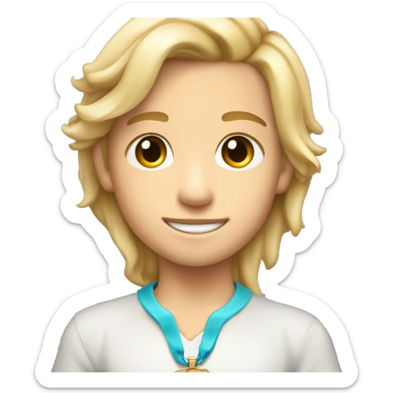 Full torso shot of Blonde hair brown eyes 4th grade boy wearing cross necklace holding dolphin sticker
