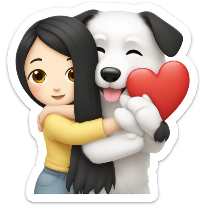 Japanese spitz dog hug black hair girl+heart sticker