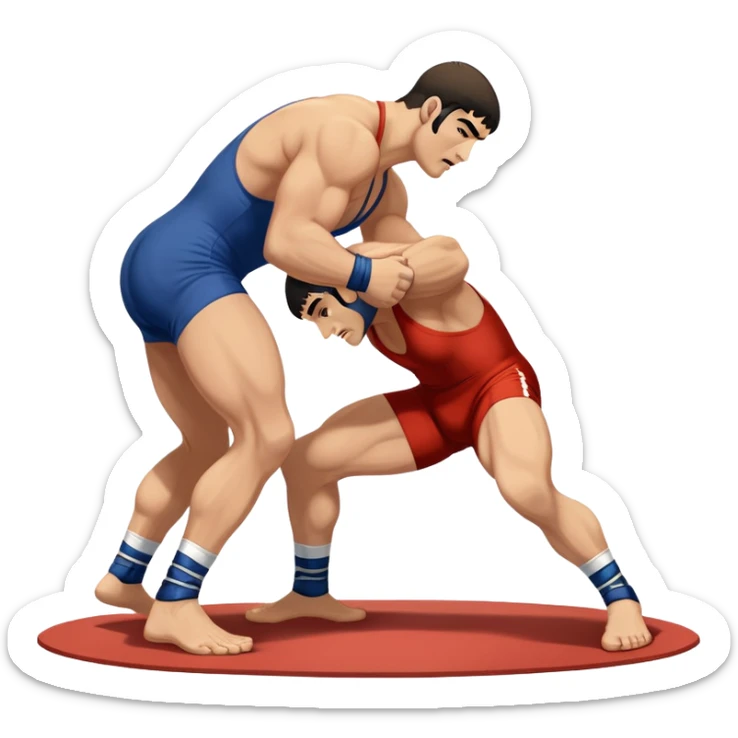 An icon showcasing two wrestlers engaged in a Greco-Roman wrestling match. The athletes are locked in a strong clinch, using their upper bodies to dominate. The background features a wrestling mat and traditional Greco-Roman elements. Transparent background. sticker